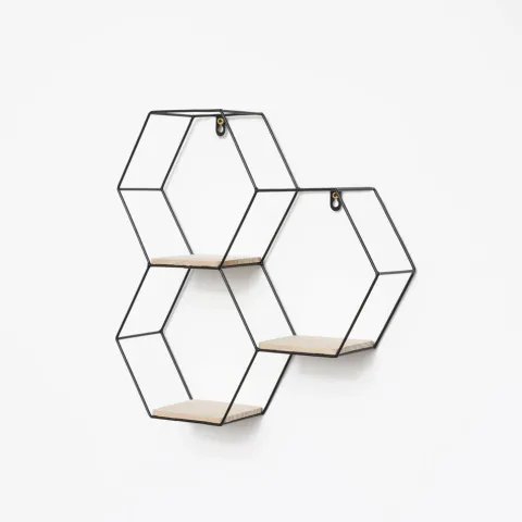 Dreifaches sechseckiges Wandregal aus Metall mit 3 Holzböden – 40,5 x 41 cm – Schwarz
