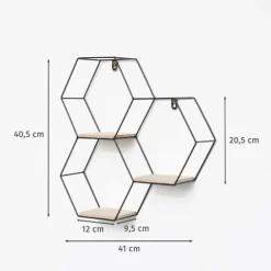 Dreifaches sechseckiges Wandregal aus Metall mit 3 Holzböden – 40,5 x 41 cm – Schwarz