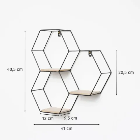 Dreifaches sechseckiges Wandregal aus Metall mit 3 Holzböden – 40,5 x 41 cm – Schwarz