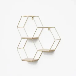 Dreifaches sechseckiges Wandregal aus Metall mit 3 Holzböden – 40,5 x 41 cm – Gold