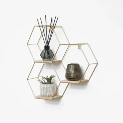 Dreifaches sechseckiges Wandregal aus Metall mit 3 Holzböden – 40,5 x 41 cm – Gold