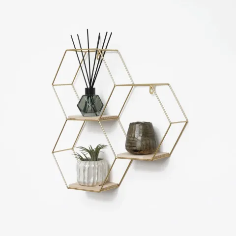 Dreifaches sechseckiges Wandregal aus Metall mit 3 Holzböden – 40,5 x 41 cm – Gold