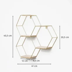 Dreifaches sechseckiges Wandregal aus Metall mit 3 Holzböden – 40,5 x 41 cm – Gold
