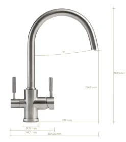 Drei-Wege-Wasserhahn aus Edelstahl mit Wasserfilteranschluss.