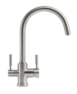 Drei-Wege-Wasserhahn aus Edelstahl mit Wasserfilteranschluss.
