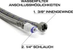 Drei-Wege-Wasserhahn aus Edelstahl mit Wasserfilteranschluss.