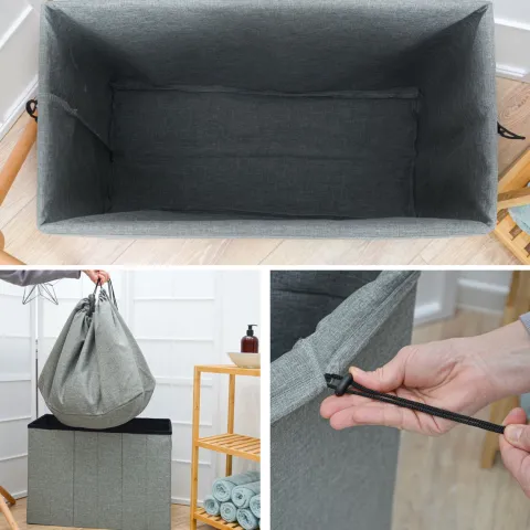 DuneDesign 85 Liter Wäschekorb mit Deckel & Wäschesack - 62x31 Wäschekorb mit Sitzfunktion - Faltbarer Laundry Organizer Wäschekorb Hocker Wäschesammler mit Deckel Wäschekorb Schlafzimmer Wäsche Truhe