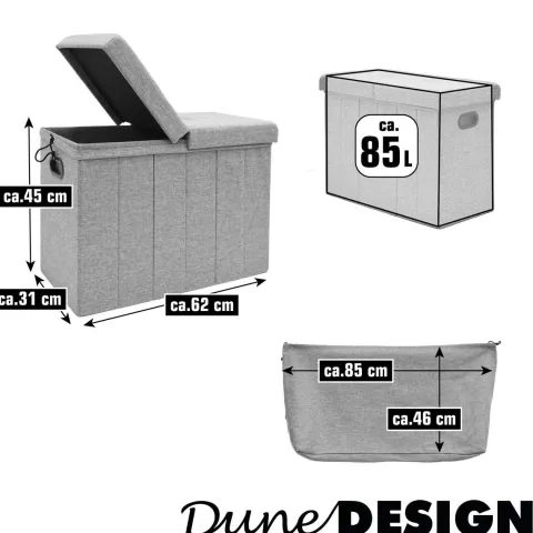 DuneDesign 85 Liter Wäschekorb mit Deckel & Wäschesack - 62x31 Wäschekorb mit Sitzfunktion - Faltbarer Laundry Organizer Wäschekorb Hocker Wäschesammler mit Deckel Wäschekorb Schlafzimmer Wäsche Truhe