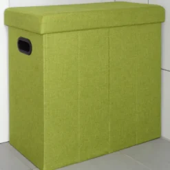 DuneDesign Faltbarer Wäschekorb 70L Wäschetruhe mit Deckel Wäschebox mit Griffen Wäschesammler Leinen-Optik Grün