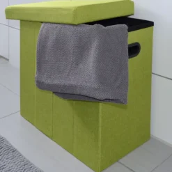 DuneDesign Faltbarer Wäschekorb 70L Wäschetruhe mit Deckel Wäschebox mit Griffen Wäschesammler Leinen-Optik Grün