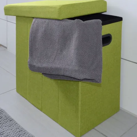 DuneDesign Faltbarer Wäschekorb 70L Wäschetruhe mit Deckel Wäschebox mit Griffen Wäschesammler Leinen-Optik Grün