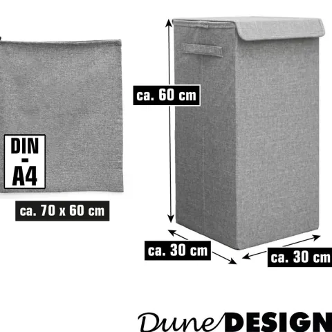 DuneDesign LEINEN LOOK: 50L Wäschekorb mit Deckel und Wäschesack - 30x30x60 cm Wäschesammler Grau - Faltbarer Wäschekorb - Laundry Wäschesack Badezimmer Deko Wäschekorb mit Wäschesack Aufbewahrung Bad