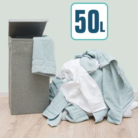 DuneDesign LEINEN LOOK: 50L Wäschekorb mit Deckel und Wäschesack - 30x30x60 cm Wäschesammler Grau - Faltbarer Wäschekorb - Laundry Wäschesack Badezimmer Deko Wäschekorb mit Wäschesack Aufbewahrung Bad