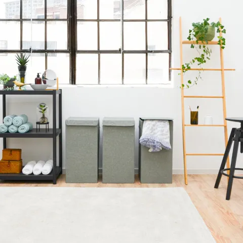 DuneDesign LEINEN LOOK: 50L Wäschekorb mit Deckel und Wäschesack - 30x30x60 cm Wäschesammler Grau - Faltbarer Wäschekorb - Laundry Wäschesack Badezimmer Deko Wäschekorb mit Wäschesack Aufbewahrung Bad