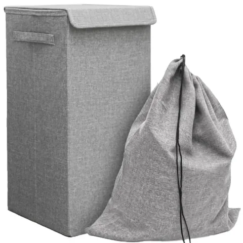 DuneDesign LEINEN LOOK: 50L Wäschekorb mit Deckel und Wäschesack - 30x30x60 cm Wäschesammler Grau - Faltbarer Wäschekorb - Laundry Wäschesack Badezimmer Deko Wäschekorb mit Wäschesack Aufbewahrung Bad