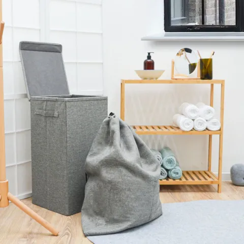 DuneDesign LEINEN LOOK: 50L Wäschekorb mit Deckel und Wäschesack - 30x30x60 cm Wäschesammler Grau - Faltbarer Wäschekorb - Laundry Wäschesack Badezimmer Deko Wäschekorb mit Wäschesack Aufbewahrung Bad