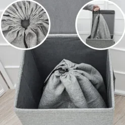 DuneDesign LEINEN LOOK: 50L Wäschekorb mit Deckel und Wäschesack - 30x30x60 cm Wäschesammler Grau - Faltbarer Wäschekorb - Laundry Wäschesack Badezimmer Deko Wäschekorb mit Wäschesack Aufbewahrung Bad