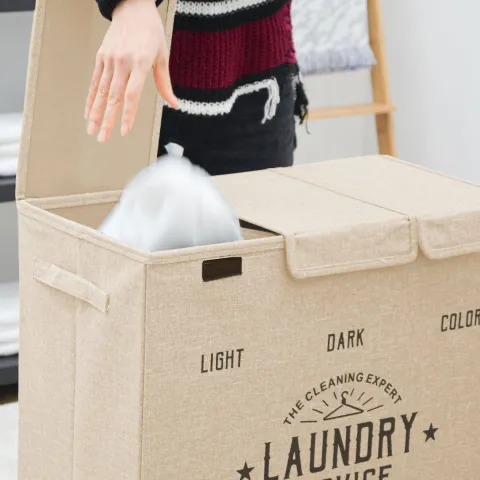DuneDesign Wäschekorb 3 Fächer - 84L Wäschesammler Beige mit Deckel - Wäsche Organizer Schmutzwäsche Ordnungssystem Badezimmer Deko Schlafzimmer Wäschekorb Schrank Bad Organizer Waschmaschine