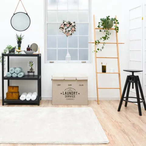 DuneDesign Wäschekorb 3 Fächer - 84L Wäschesammler Beige mit Deckel - Wäsche Organizer Schmutzwäsche Ordnungssystem Badezimmer Deko Schlafzimmer Wäschekorb Schrank Bad Organizer Waschmaschine