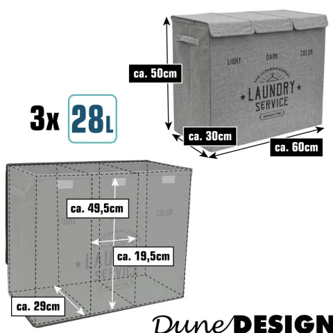 DuneDesign Wäschekorb 3 Fächer - 84L Wäschesammler Beige mit Deckel - Wäsche Organizer Schmutzwäsche Ordnungssystem Badezimmer Deko Schlafzimmer Wäschekorb Schrank Bad Organizer Waschmaschine
