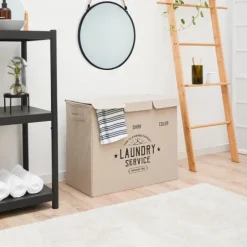 DuneDesign Wäschekorb 3 Fächer - 84L Wäschesammler Beige mit Deckel - Wäsche Organizer Schmutzwäsche Ordnungssystem Badezimmer Deko Schlafzimmer Wäschekorb Schrank Bad Organizer Waschmaschine