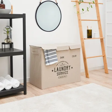 DuneDesign Wäschekorb 3 Fächer - 84L Wäschesammler Beige mit Deckel - Wäsche Organizer Schmutzwäsche Ordnungssystem Badezimmer Deko Schlafzimmer Wäschekorb Schrank Bad Organizer Waschmaschine