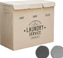 DuneDesign Wäschekorb 3 Fächer - 84L Wäschesammler Beige mit Deckel - Wäsche Organizer Schmutzwäsche Ordnungssystem Badezimmer Deko Schlafzimmer Wäschekorb Schrank Bad Organizer Waschmaschine