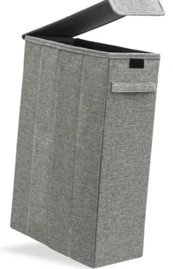 DuneDesign 20 cm Schmaler Wäschekorb mit Deckel - 50L Stabiler Holzrahmen - 20x40x60 Wäschesammler Schmal - Wäschetonne mit Deckel Grau - Wäschebox für Schmutzwäsche - Wäsche Nischenregal 20 cm Breit