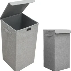DuneDesign 50L Wäschekorb mit Deckel - Stabiler Holzrahmen - 30x30x60 cm Wäschesammler Grau - Faltbarer Wäschekorb Badezimmer - Wäschesortierer Deko Schlafzimmer Korb Camping Wäschetruhe Wäsche Box