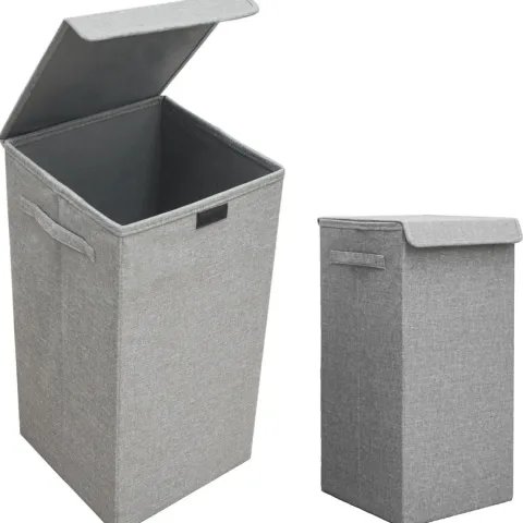 DuneDesign 50L Wäschekorb mit Deckel - Stabiler Holzrahmen - 30x30x60 cm Wäschesammler Grau - Faltbarer Wäschekorb Badezimmer - Wäschesortierer Deko Schlafzimmer Korb Camping Wäschetruhe Wäsche Box