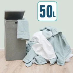 DuneDesign 50L Wäschekorb mit Deckel - Stabiler Holzrahmen - 30x30x60 cm Wäschesammler Grau - Faltbarer Wäschekorb Badezimmer - Wäschesortierer Deko Schlafzimmer Korb Camping Wäschetruhe Wäsche Box
