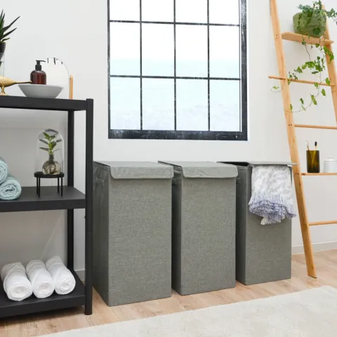 DuneDesign 50L Wäschekorb mit Deckel - Stabiler Holzrahmen - 30x30x60 cm Wäschesammler Grau - Faltbarer Wäschekorb Badezimmer - Wäschesortierer Deko Schlafzimmer Korb Camping Wäschetruhe Wäsche Box