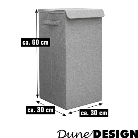 DuneDesign 50L Wäschekorb mit Deckel - Stabiler Holzrahmen - 30x30x60 cm Wäschesammler Grau - Faltbarer Wäschekorb Badezimmer - Wäschesortierer Deko Schlafzimmer Korb Camping Wäschetruhe Wäsche Box