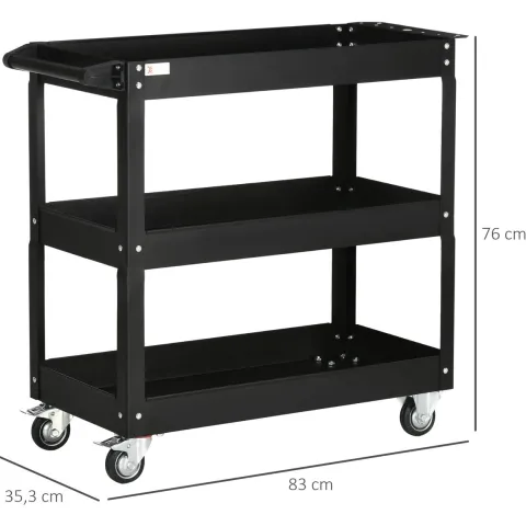 DURHAND Werkstattwagen mit 3 Etagen, Werkzeugwagen leer, Transportwagen mit seitlicher Griff, 4 Rollen, bis 150 kg Tragkraft, Stahl, 83 x 35,3 x 76 cm, Schwarz