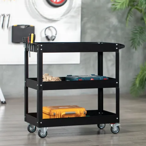 DURHAND Werkstattwagen mit 3 Etagen, Werkzeugwagen leer, Transportwagen mit seitlicher Griff, 4 Rollen, bis 150 kg Tragkraft, Stahl, 83 x 35,3 x 76 cm, Schwarz