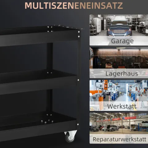 DURHAND Werkstattwagen mit 3 Etagen, Werkzeugwagen leer, Transportwagen mit seitlicher Griff, 4 Rollen, bis 150 kg Tragkraft, Stahl, 83 x 35,3 x 76 cm, Schwarz