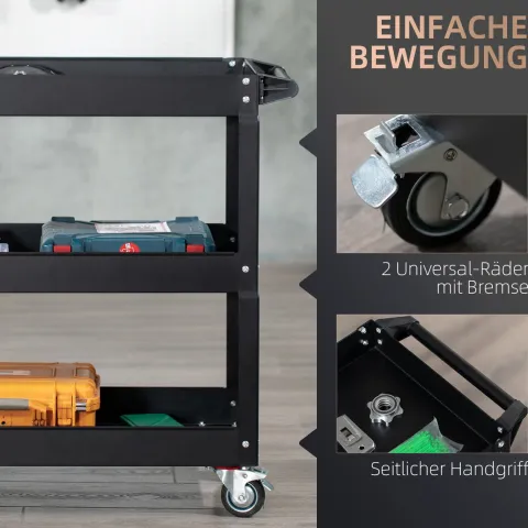 DURHAND Werkstattwagen mit 3 Etagen, Werkzeugwagen leer, Transportwagen mit seitlicher Griff, 4 Rollen, bis 150 kg Tragkraft, Stahl, 83 x 35,3 x 76 cm, Schwarz