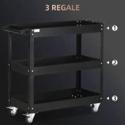 DURHAND Werkstattwagen mit 3 Etagen, Werkzeugwagen leer, Transportwagen mit seitlicher Griff, 4 Rollen, bis 150 kg Tragkraft, Stahl, 83 x 35,3 x 76 cm, Schwarz