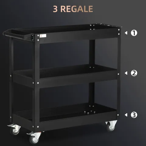 DURHAND Werkstattwagen mit 3 Etagen, Werkzeugwagen leer, Transportwagen mit seitlicher Griff, 4 Rollen, bis 150 kg Tragkraft, Stahl, 83 x 35,3 x 76 cm, Schwarz