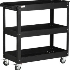 DURHAND Werkstattwagen mit 3 Etagen, Werkzeugwagen leer, Transportwagen mit seitlicher Griff, 4 Rollen, bis 150 kg Tragkraft, Stahl, 83 x 35,3 x 76 cm, Schwarz