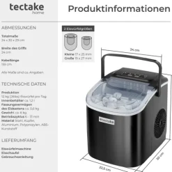 Eiswürfelmaschine tectake Arctic inklusive Eiskorb und Eisschaufel 1,2 l Wassertank, 2 Eiswürfelgrößen schwarz