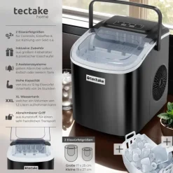 Eiswürfelmaschine tectake Arctic inklusive Eiskorb und Eisschaufel 1,2 l Wassertank, 2 Eiswürfelgrößen schwarz