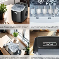Eiswürfelmaschine tectake Arctic inklusive Eiskorb und Eisschaufel 1,2 l Wassertank, 2 Eiswürfelgrößen schwarz