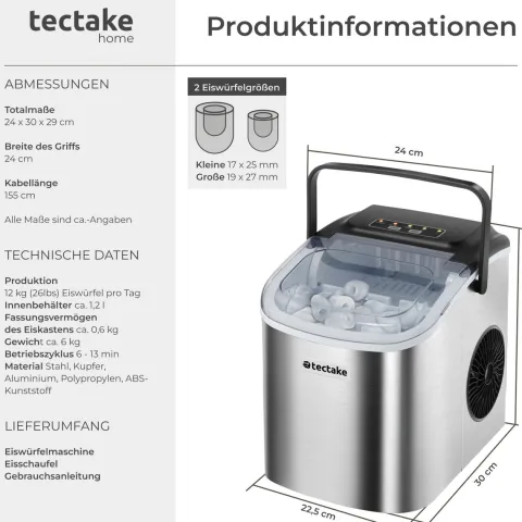 Eiswürfelmaschine tectake Arctic inklusive Eiskorb und Eisschaufel 1,2 l Wassertank, 2 Eiswürfelgrößen silber