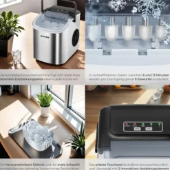 Eiswürfelmaschine tectake Arctic inklusive Eiskorb und Eisschaufel 1,2 l Wassertank, 2 Eiswürfelgrößen silber