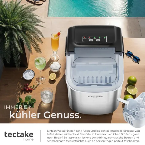 Eiswürfelmaschine tectake Arctic inklusive Eiskorb und Eisschaufel 1,2 l Wassertank, 2 Eiswürfelgrößen silber