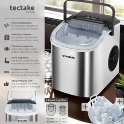 Eiswürfelmaschine tectake Arctic inklusive Eiskorb und Eisschaufel 1,2 l Wassertank, 2 Eiswürfelgrößen silber
