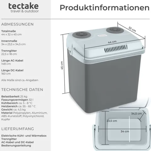 Elektrische Kühl- und Wärmebox tectake Steckdosen- und Autoanschluss 32 l Fassungsvermögen grau
