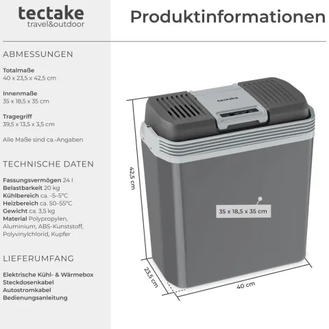 Elektrische Kühl- und Wärmebox tectake Steckdosen- und Autoanschluss 24 l Fassungsvermögen grau