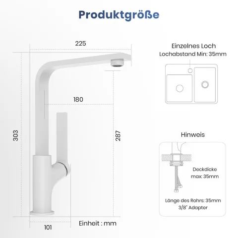 EMKE Küchenarmatur 30 x 22 cm 3/8 Anschluss Spültischarmatur Edelstahl Einhebelmischer F26 Weiß Matt